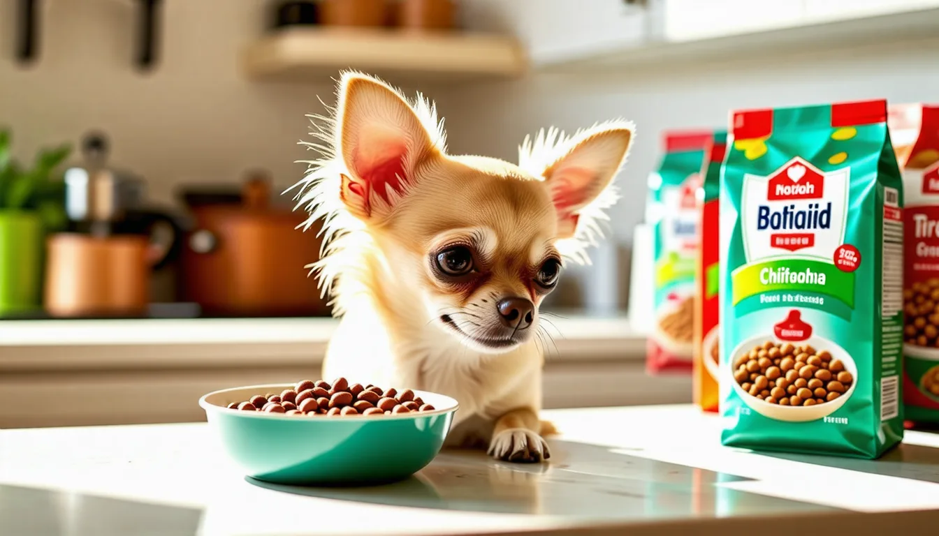 Chihuahua fauve devant une gamelle de petites croquettes rondes