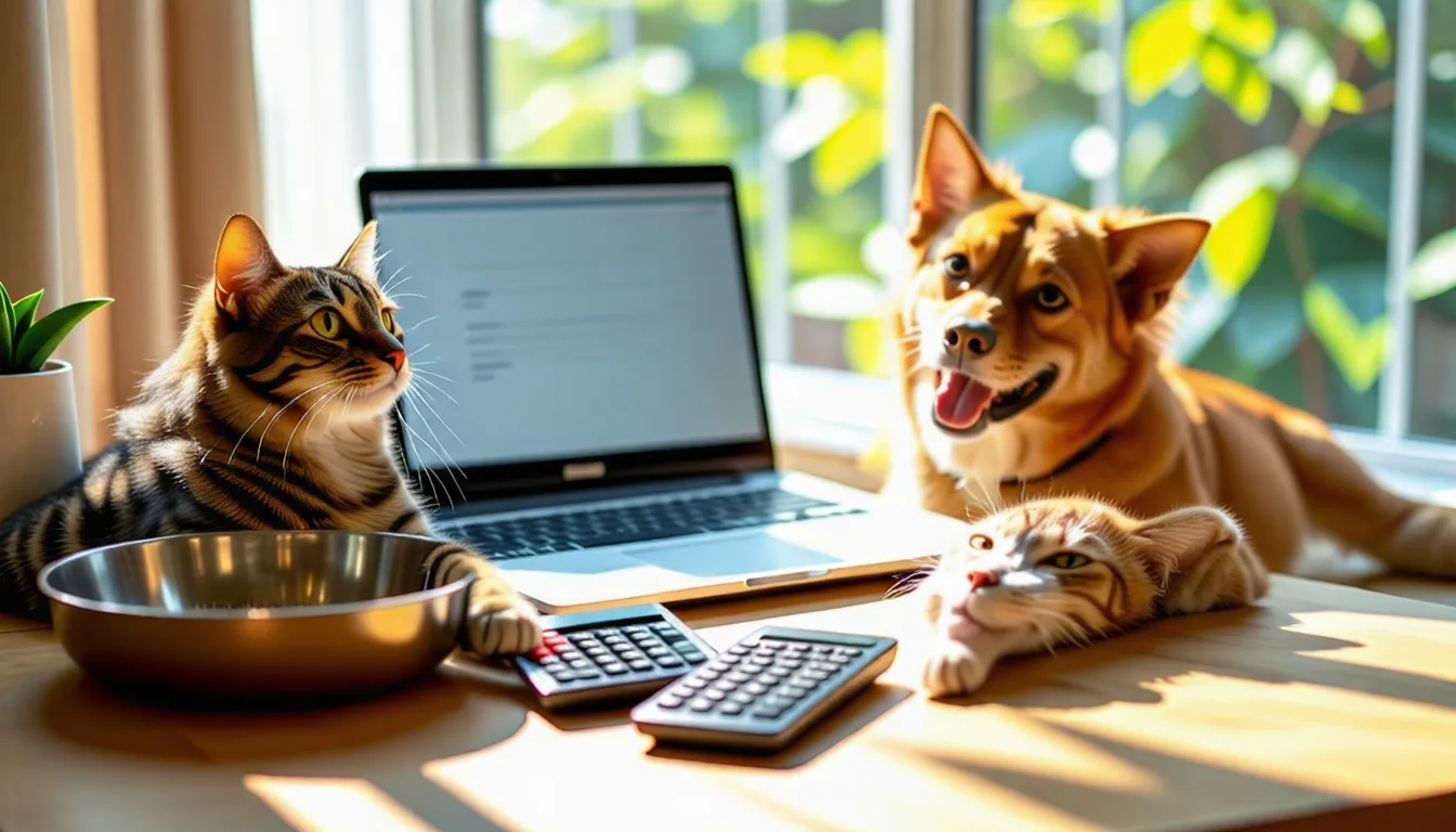 Calculatrice et documents de contrat posés près d'un petit chien couché