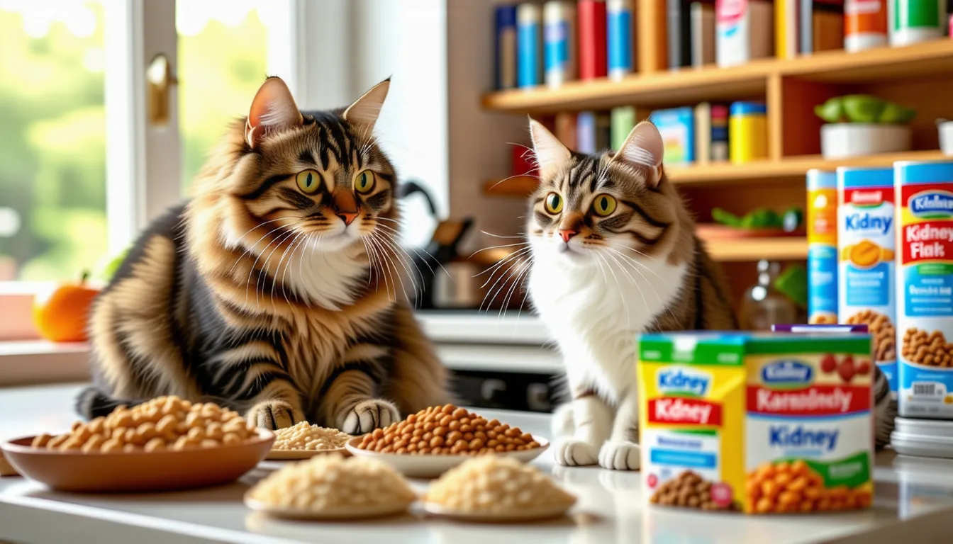 Chat blanc et roux penché sur une gamelle de pâtée dans une cuisine