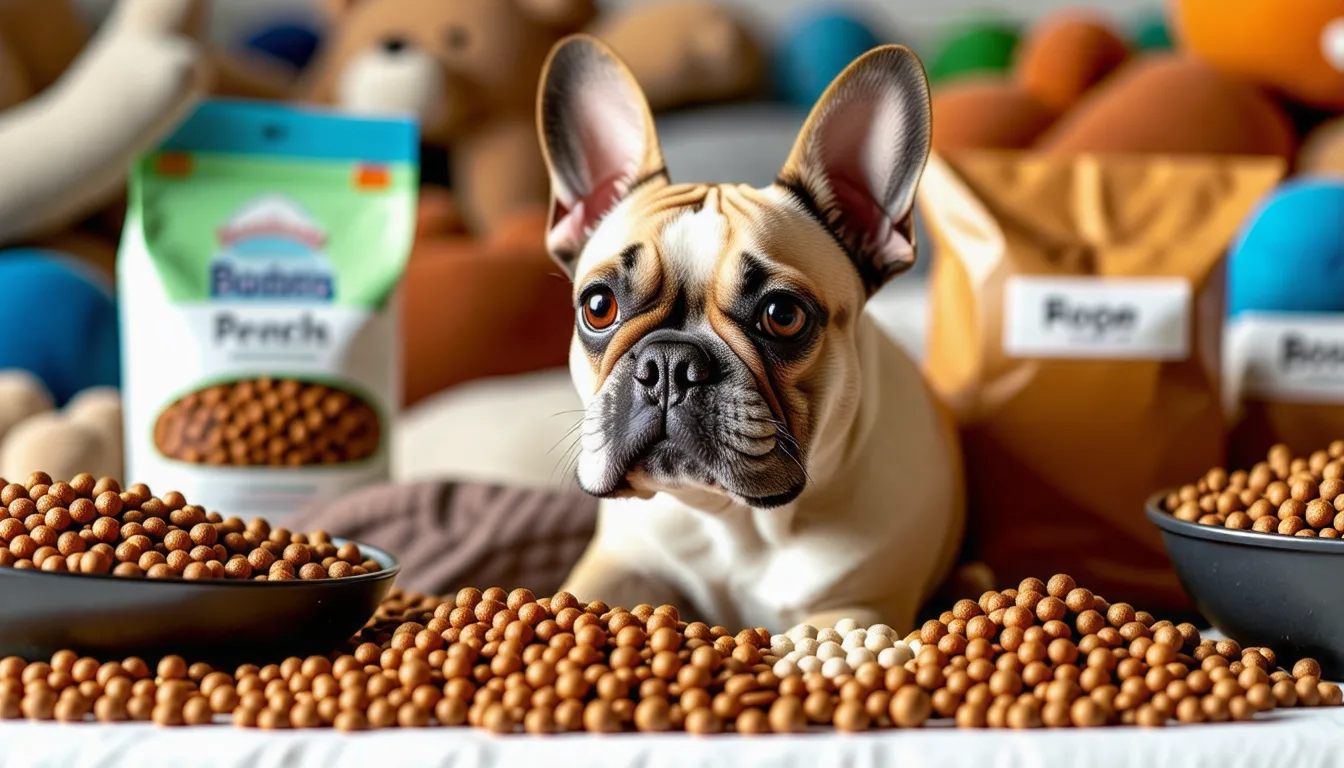 Un Bouledogue français assis devant sa gamelle de croquettes sur un carrelage
