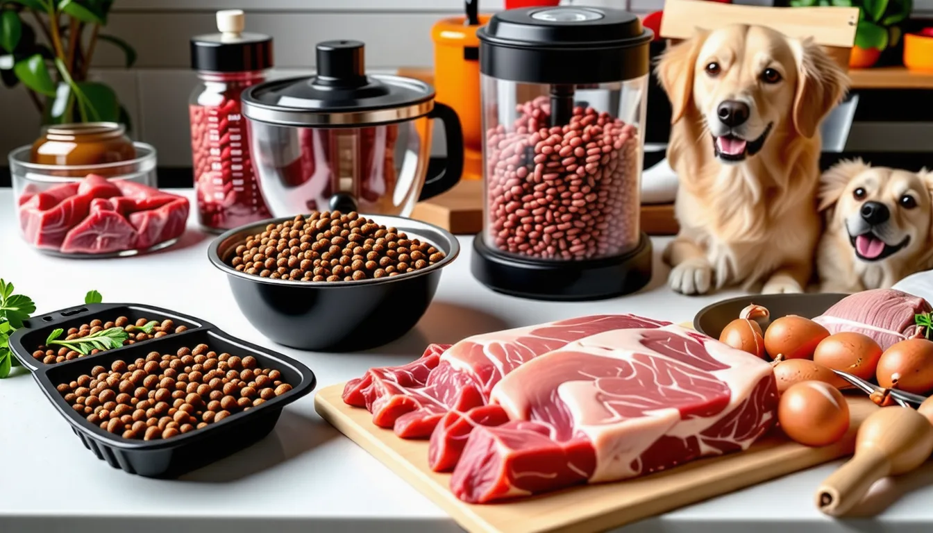 Bouchées pour chien faites maison refroidissant sur une plaque, à côté de viande et de légumes