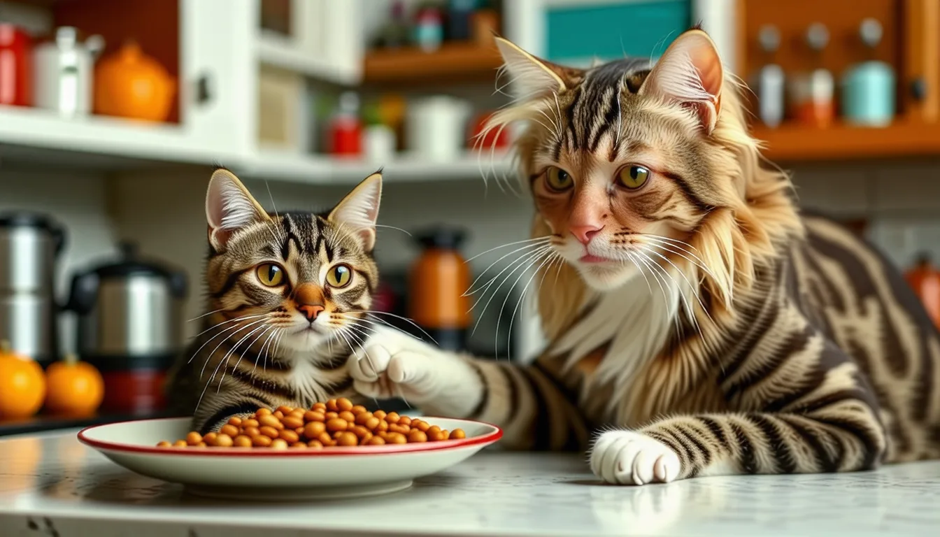 Chat tigré assis devant une gamelle de croquettes auxquelles il ne touche pas