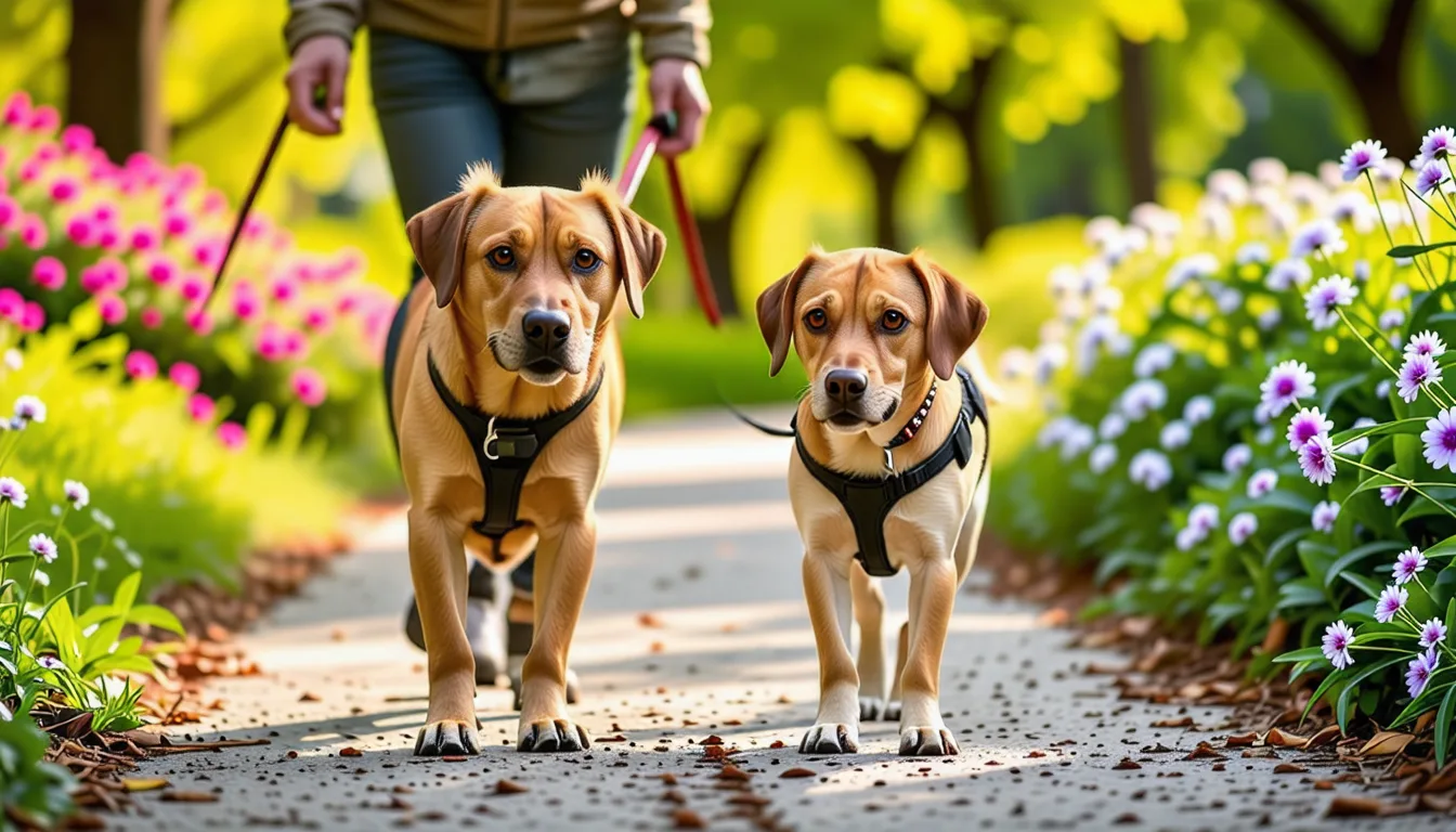 Chien âgé en harnais marchant lentement au pas de son maître sur un chemin