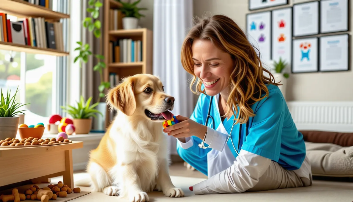 Chien attentif face à une vétérinaire assise au sol pendant une consultation