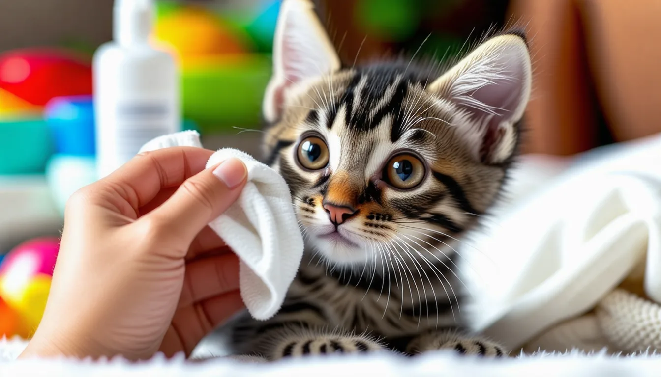 Main tamponnant le coin de l'oeil d'un chaton avec une compresse imbibée de sérum physiologique