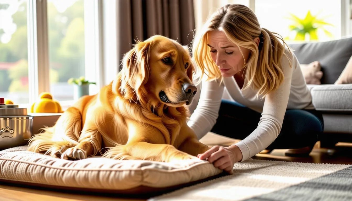 Un chien âgé couché sur un tapis, l'arrière-train posé de côté