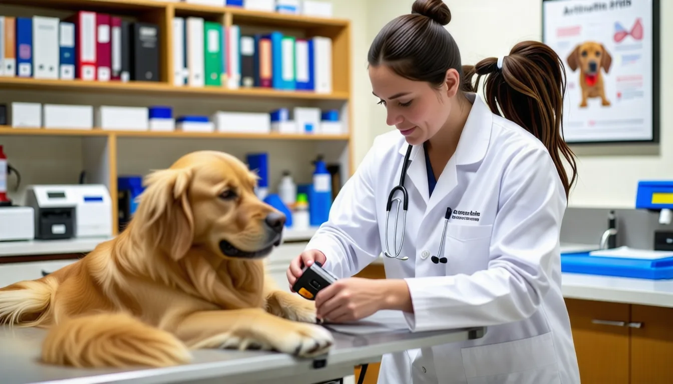 Chien âgé recevant une séance de laser sur la hanche chez le vétérinaire