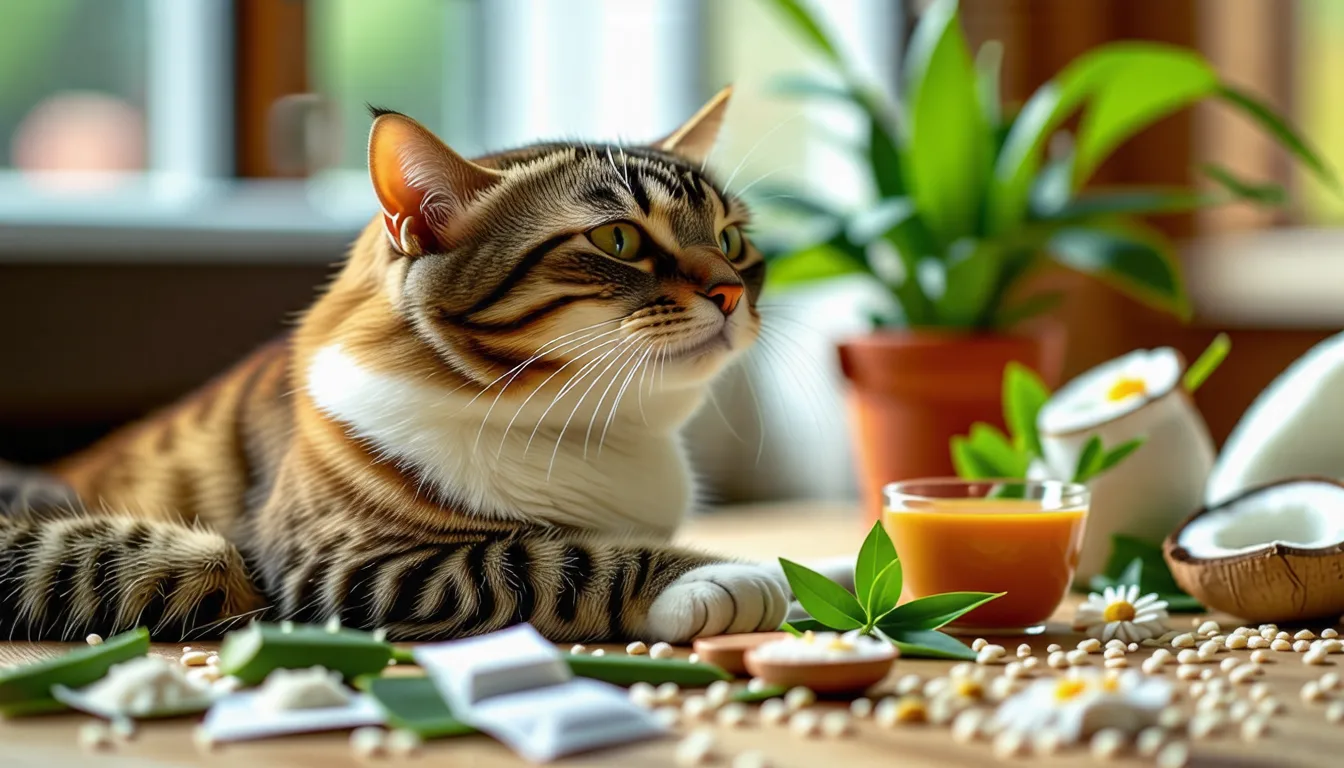 Chat en train de se lécher le flanc, zone de peau irritée et poil clairsemé