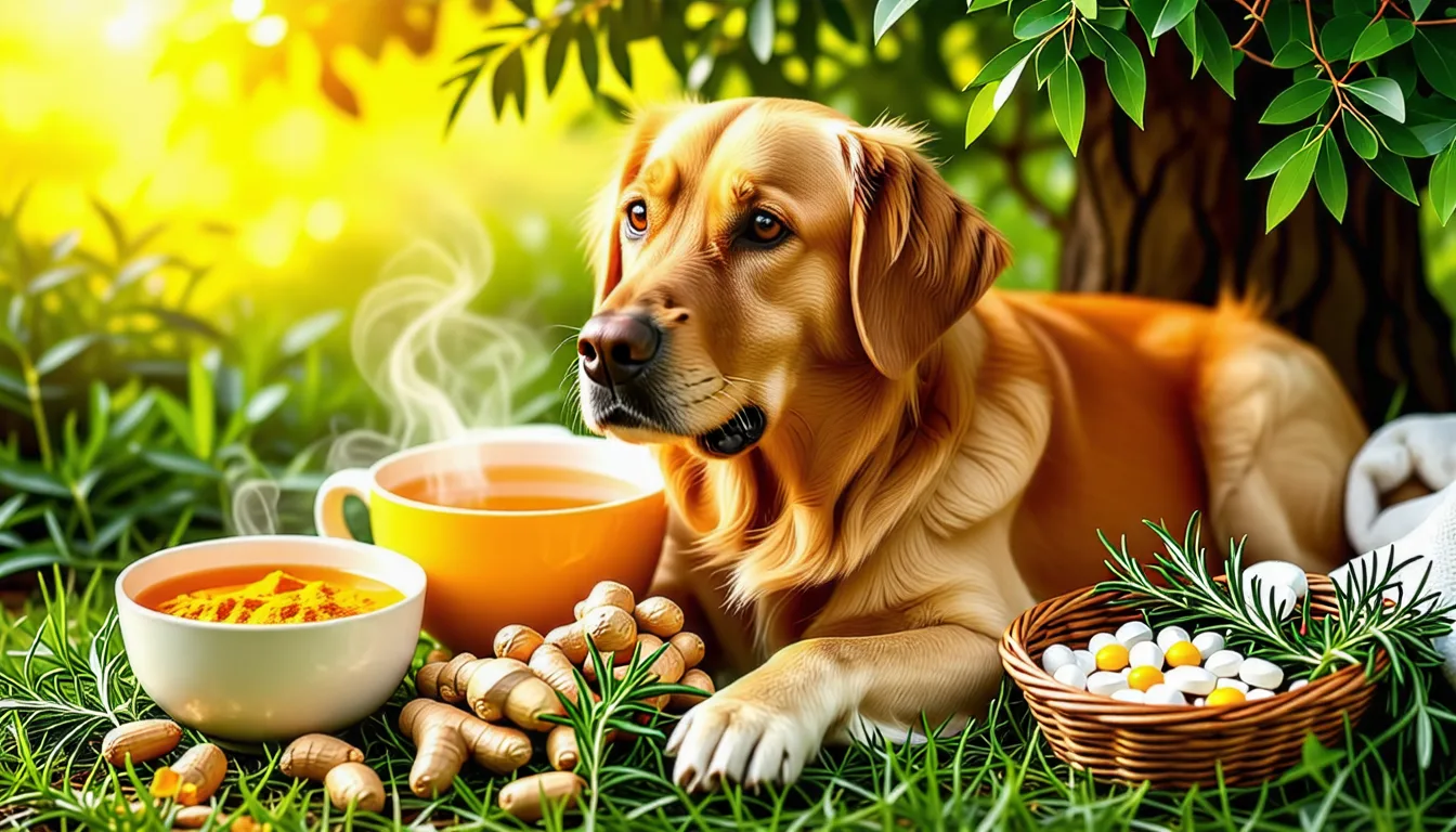 Chien âgé couché sur un tapis à côté de plantes séchées et d'un mortier