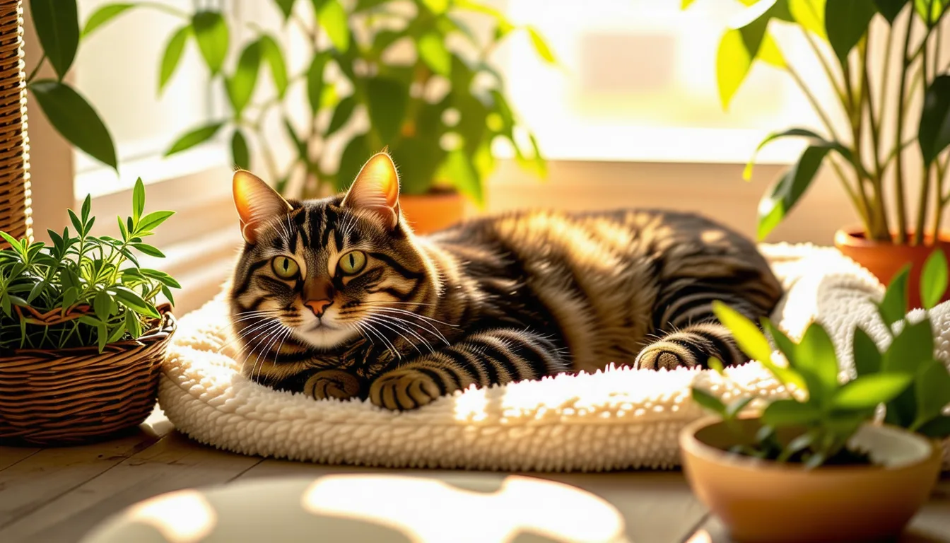 Chat roux âgé couché sur un tapis, pattes avant repliées sous lui