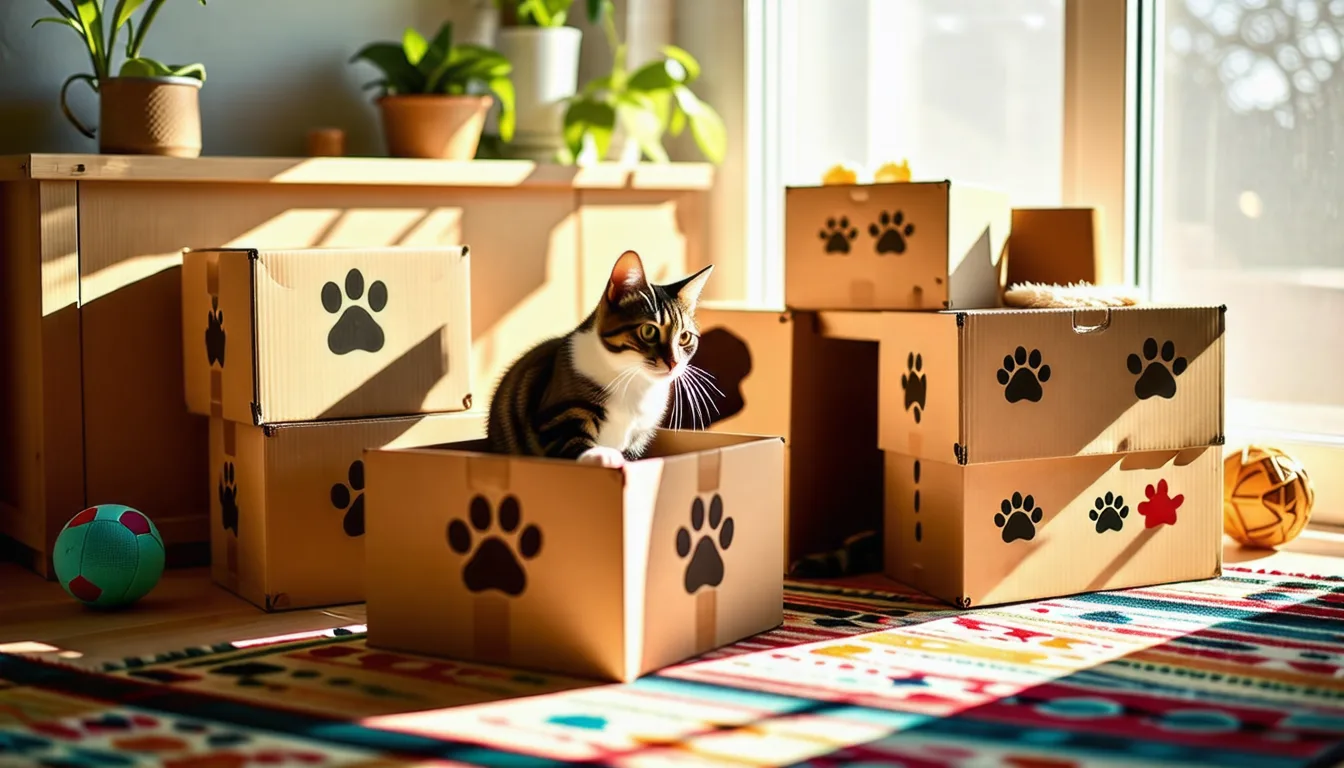 Un chat tigré installé dans un carton ouvert posé sur le parquet