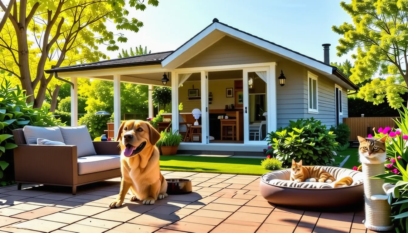 Chien allongé devant la terrasse d'une maison de vacances au bord d'un jardin
