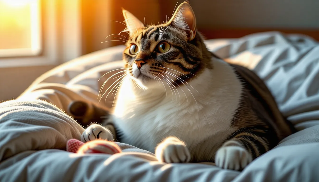Chat gris tigré assis au sol, regardant une étagère qu'il n'atteint plus