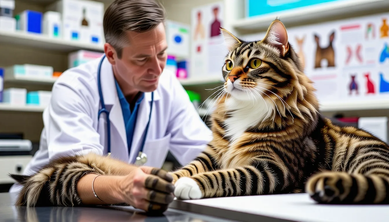 Chat allongé sur le côté, une patte arrière tendue, chez le vétérinaire