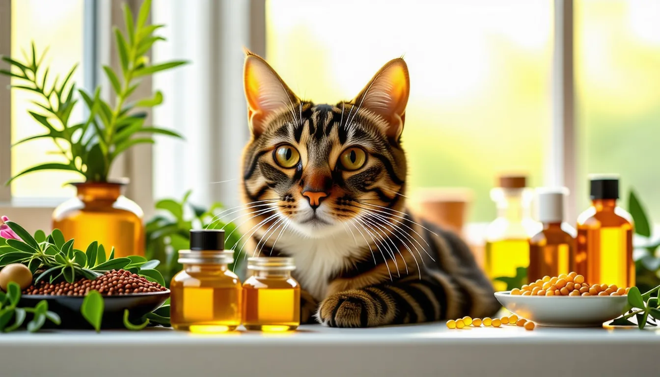 Chat roux devant une gamelle, un flacon d'huile alimentaire posé à côté