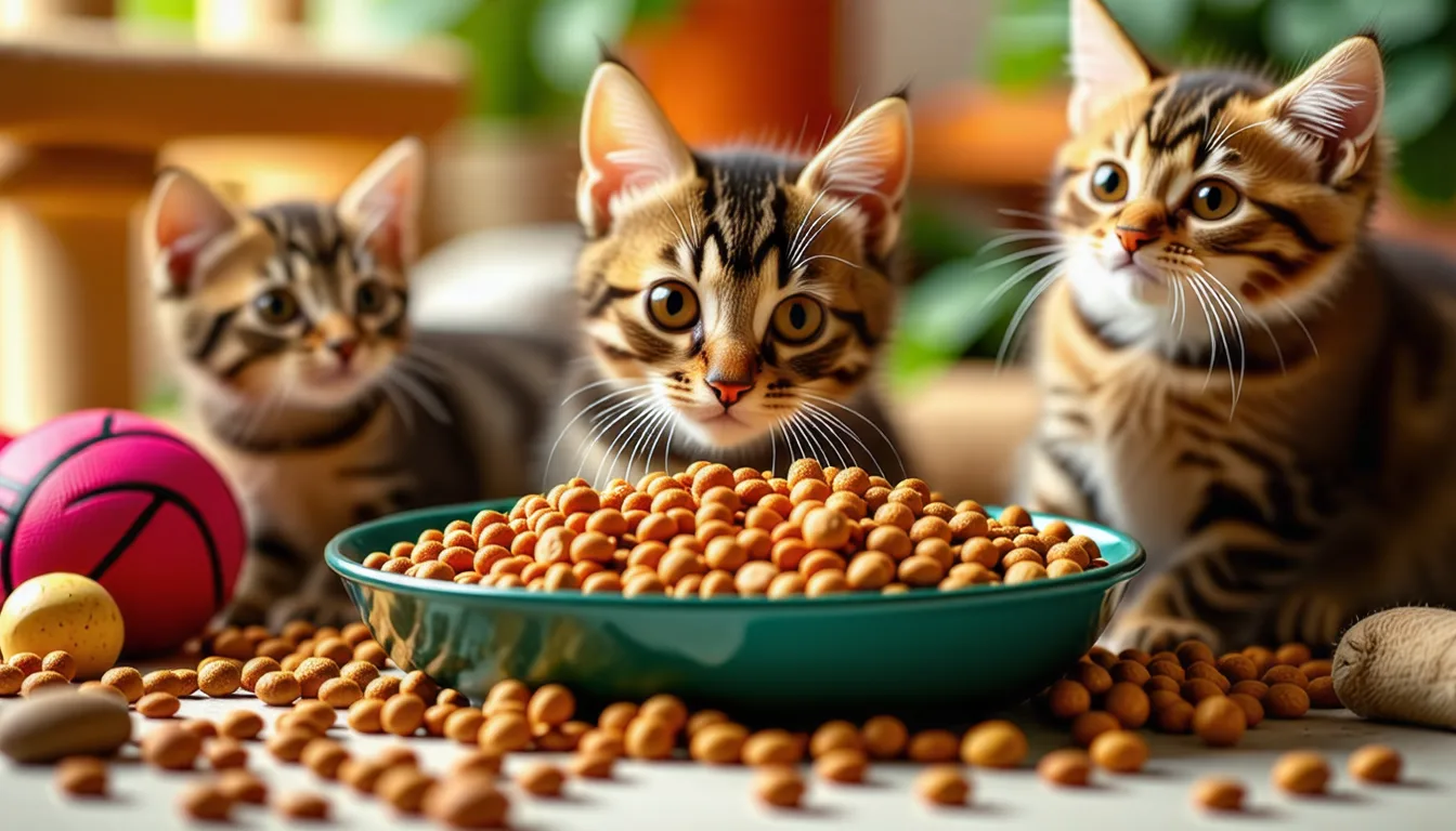 Gros plan sur des croquettes brunes pour chaton dans une gamelle claire