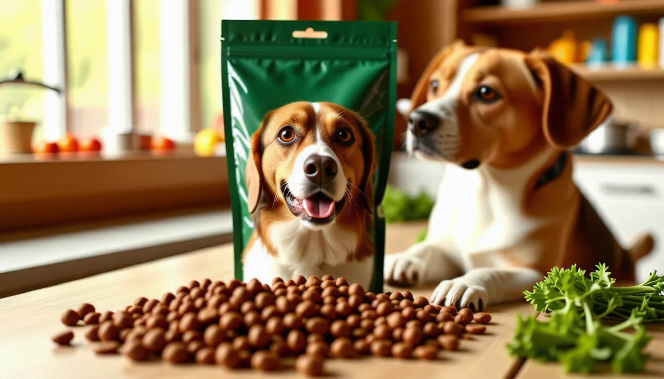 Croquettes brunes pour chien en gros plan à côté de morceaux de viande crue