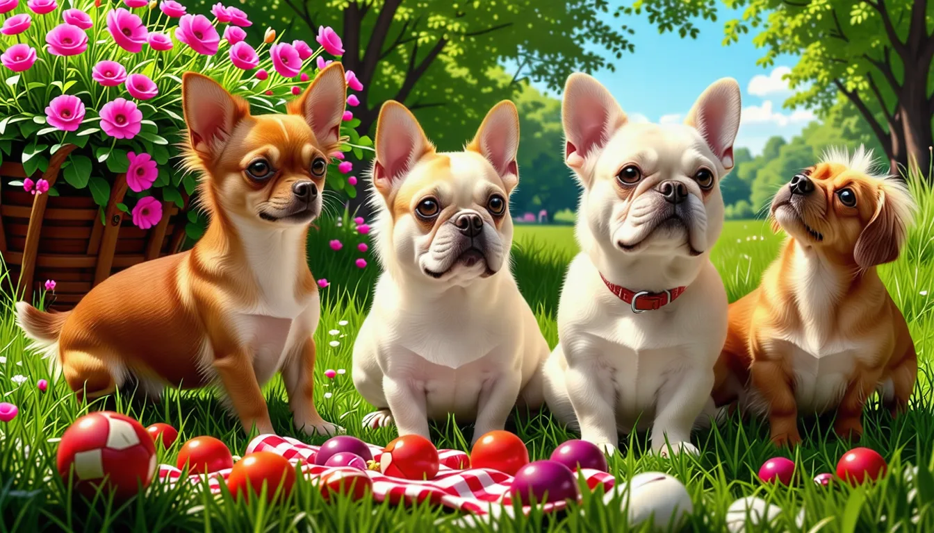 Plusieurs petits chiens de races différentes assis côte à côte sur une pelouse