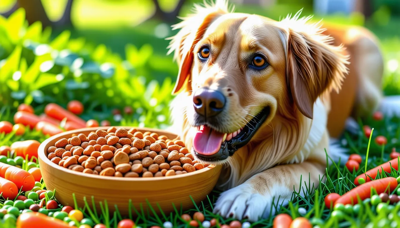 Main versant des croquettes brunes dans la gamelle d'un chien attentif