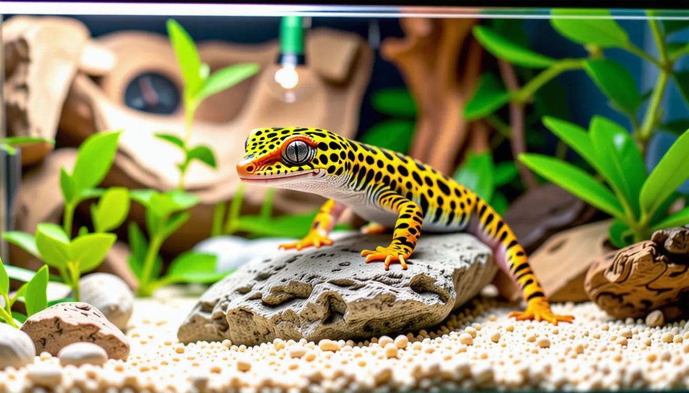 Gecko léopard tacheté de jaune et de brun posé sur une pierre plate