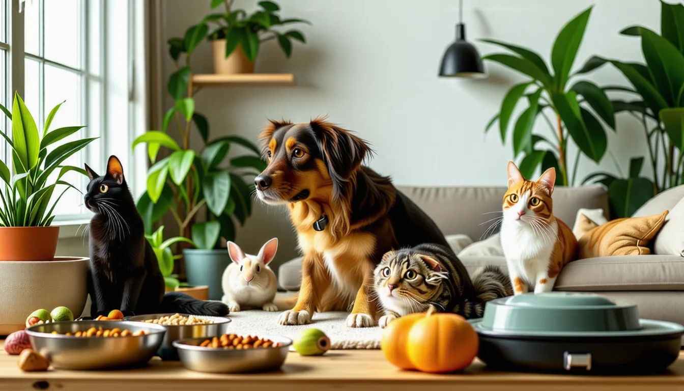 Un chien et un chat côte à côte dans un intérieur, panier et gamelles au sol