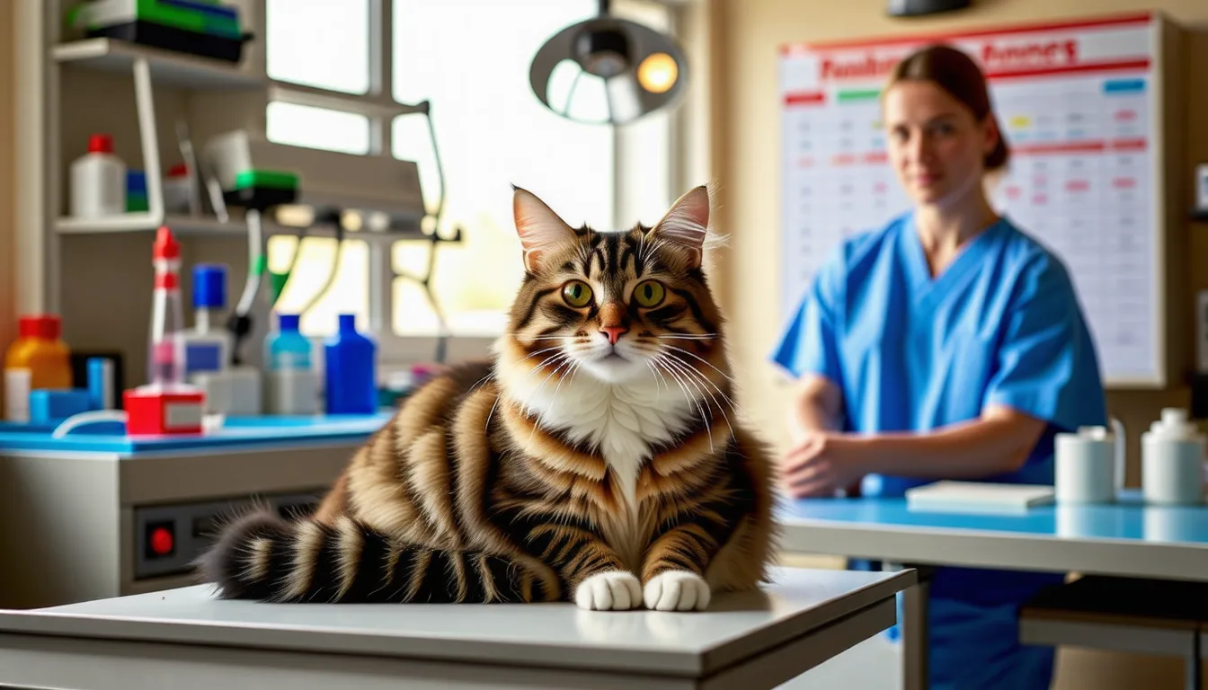 Chat roux au repos sur une table d'examen vétérinaire, collerette posée à côté
