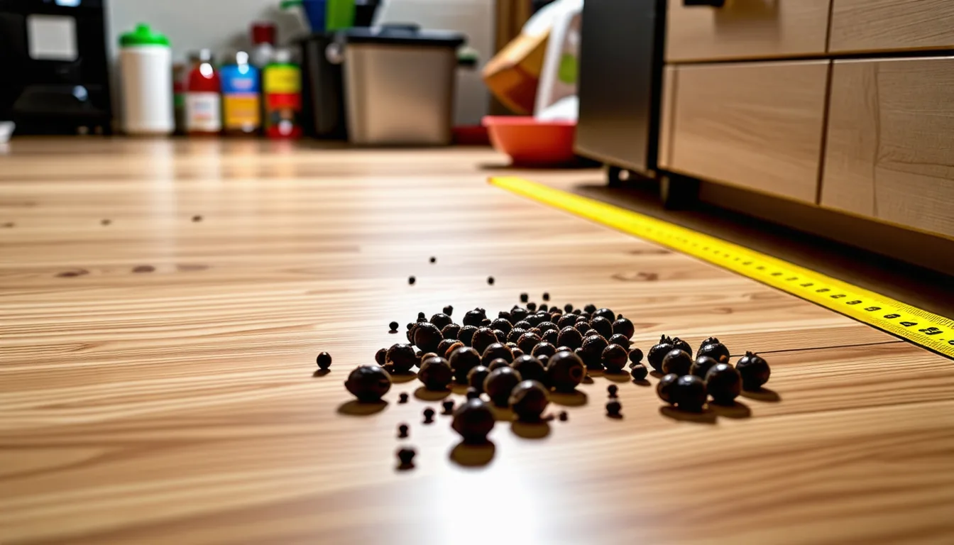 Excréments sombres et allongés au pied d'une plinthe en bois