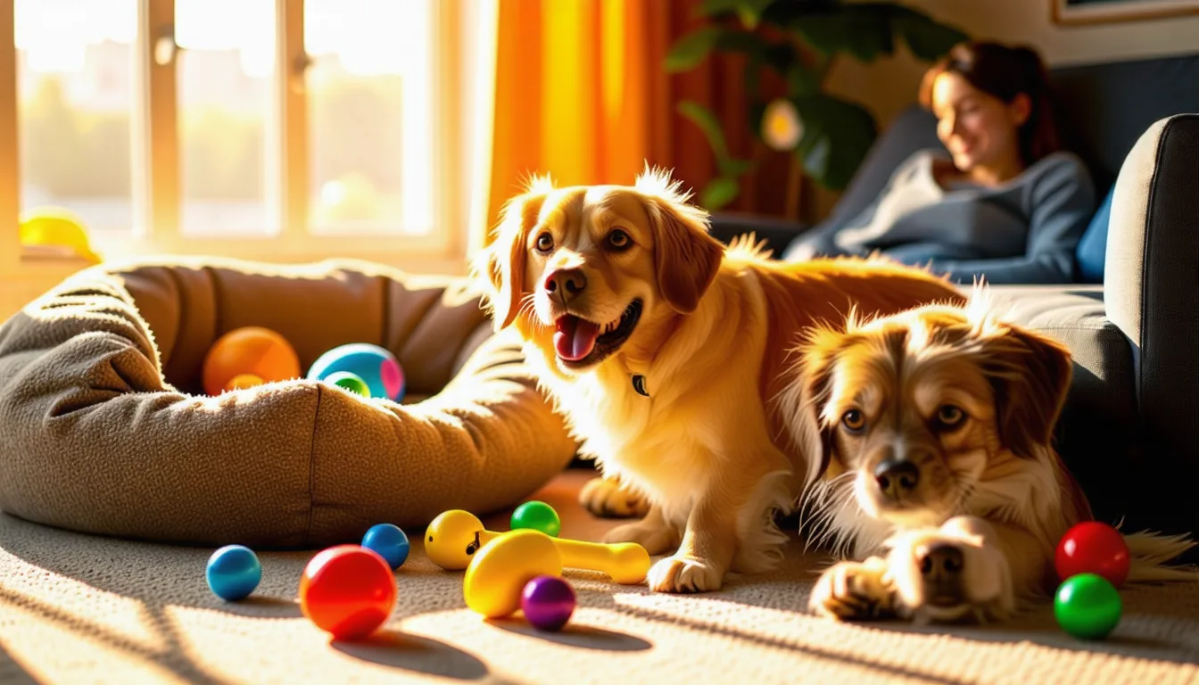 Chien couché sur un tapis avec plusieurs jouets en caoutchouc et une balle