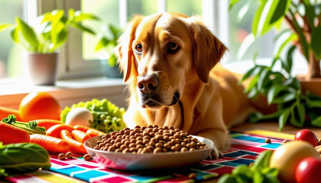 Croquettes brunes dans une gamelle en inox posée au sol près d'un chien