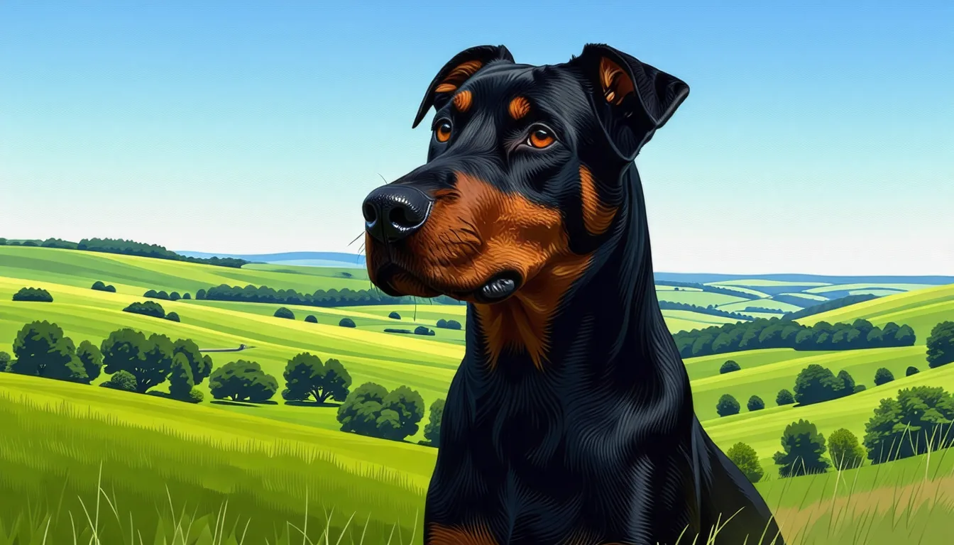 Beauceron noir et feu debout dans un pré, oreilles dressées et regard attentif