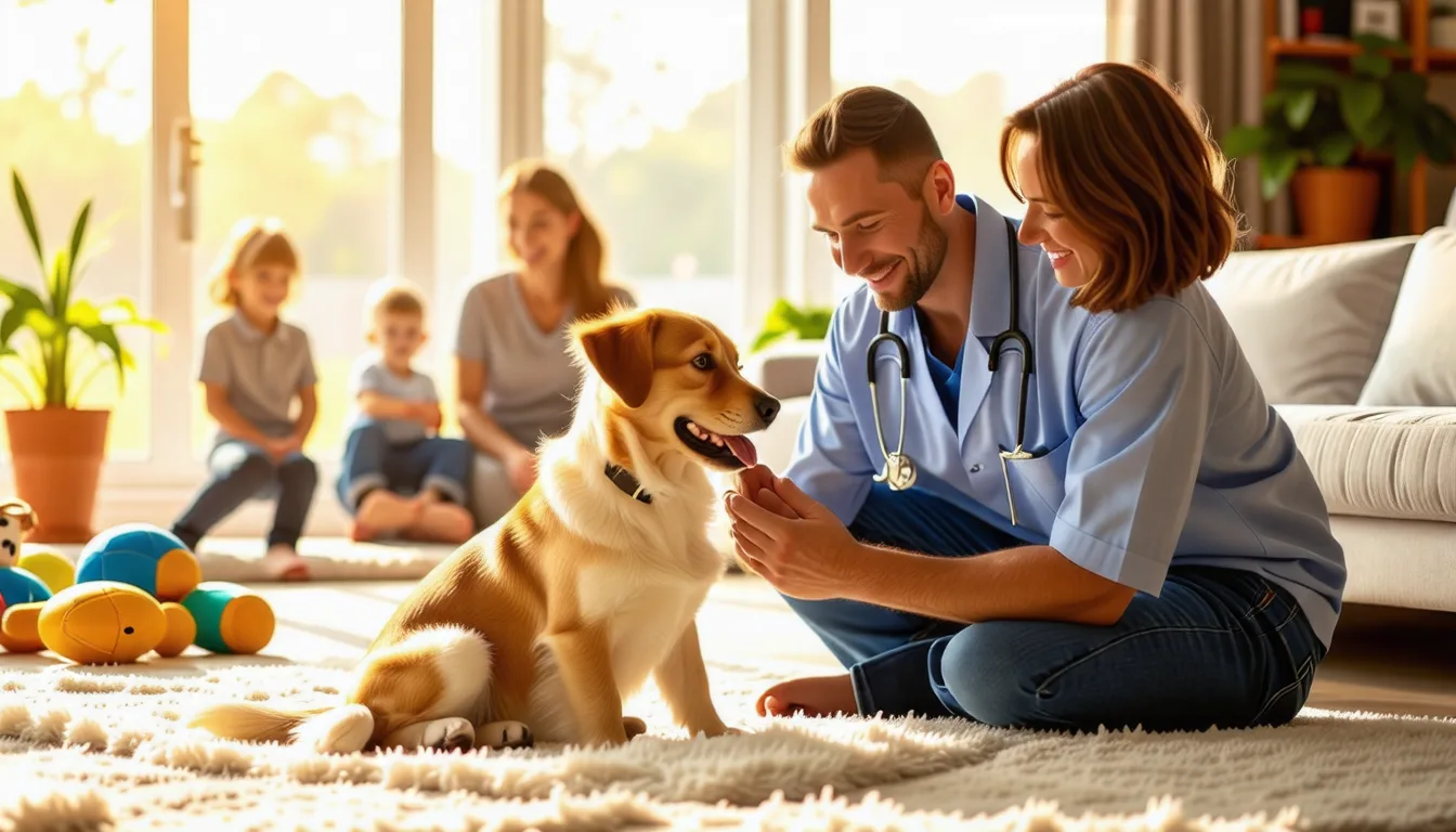 Un vétérinaire ausculte un chien au stéthoscope dans le salon de ses propriétaires