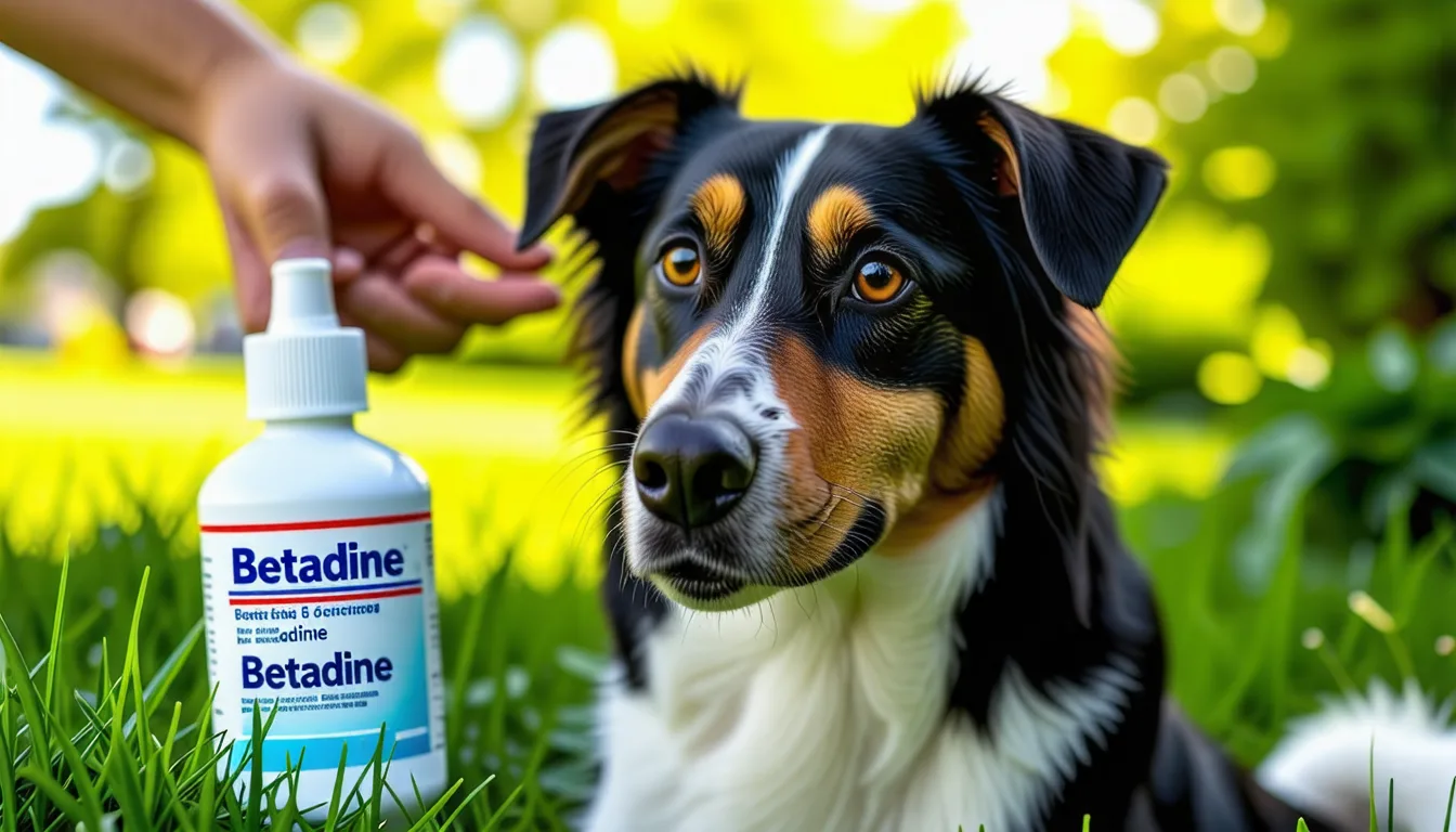 Flacon d'antiseptique iodé et compresses posés près d'un chien
