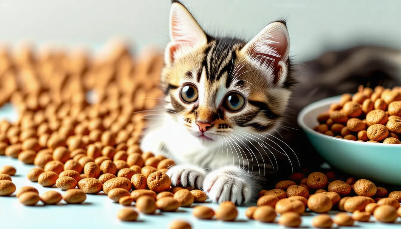 Chaton tigré mangeant des croquettes dans une gamelle blanche posée au sol