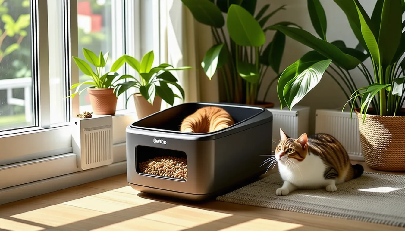 Litière automatique fermée avec bac de récupération, un chat assis devant l'ouverture