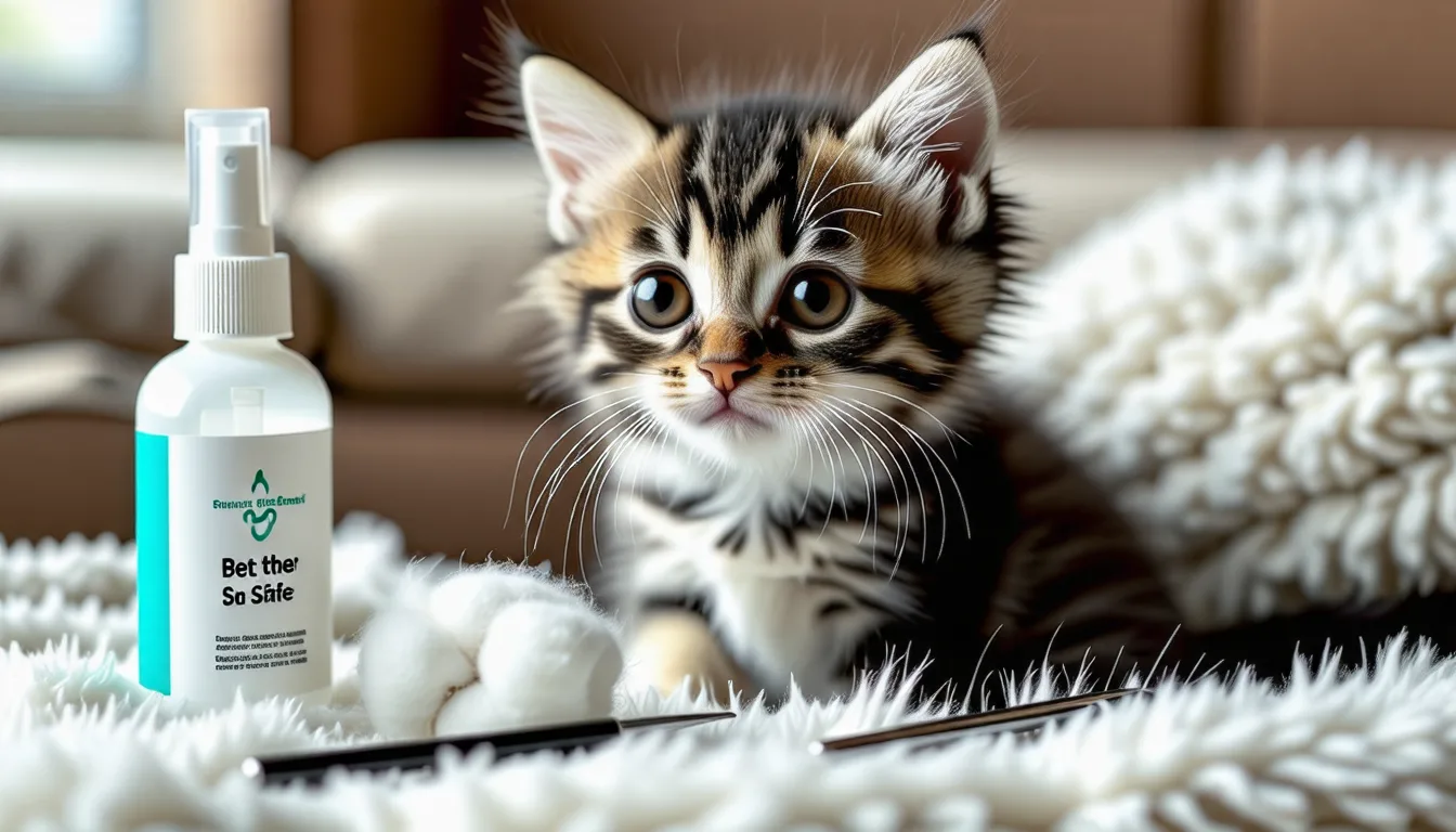 Chaton tenu sur des genoux pendant qu'une main examine l'intérieur de son oreille