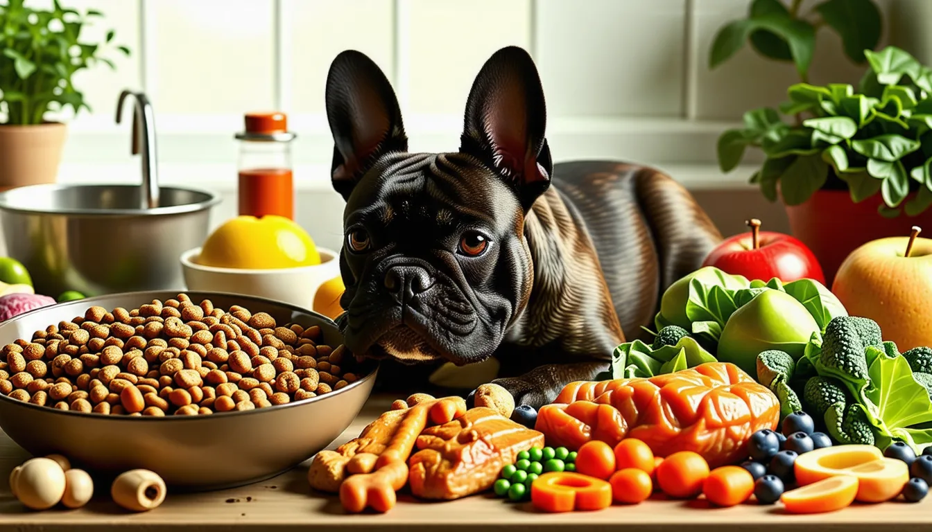 Bouledogue anglais blanc et fauve assis devant une gamelle en inox