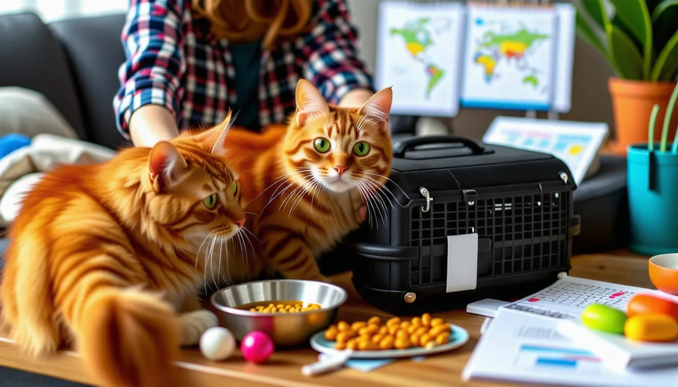 Chat assis à côté d'une valise ouverte et d'une caisse de transport