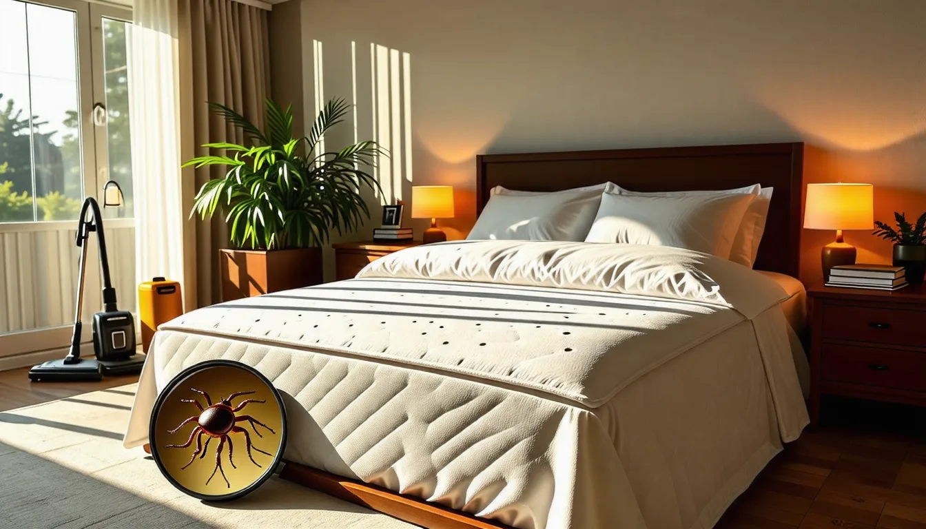 Couture de matelas inspectée à la lampe, à la recherche de punaises de lit