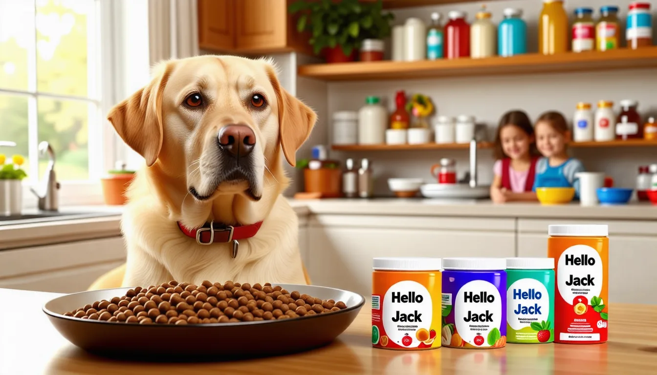 Friandises complément pour chien posées dans une main, chien attentif au second plan
