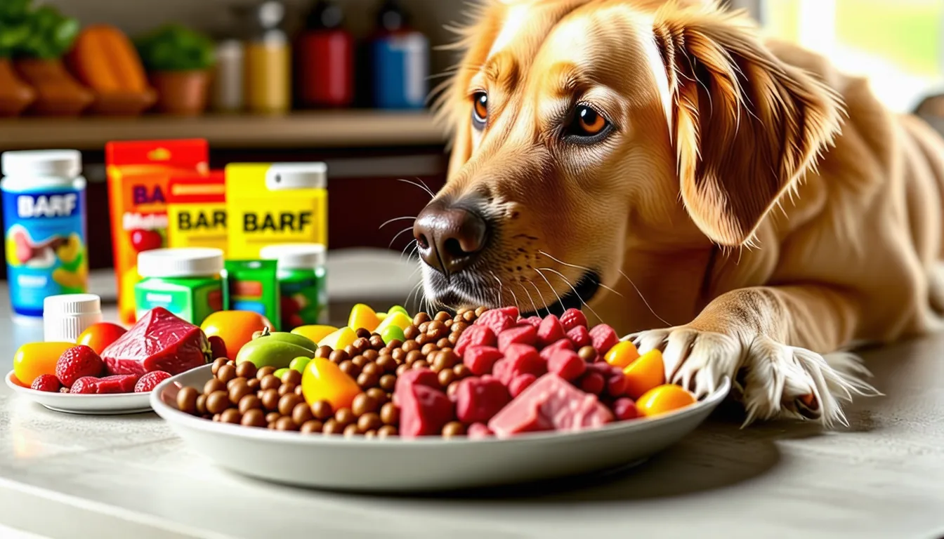 Gamelle de viande crue, os charnu et légumes préparés pour un chien nourri au BARF