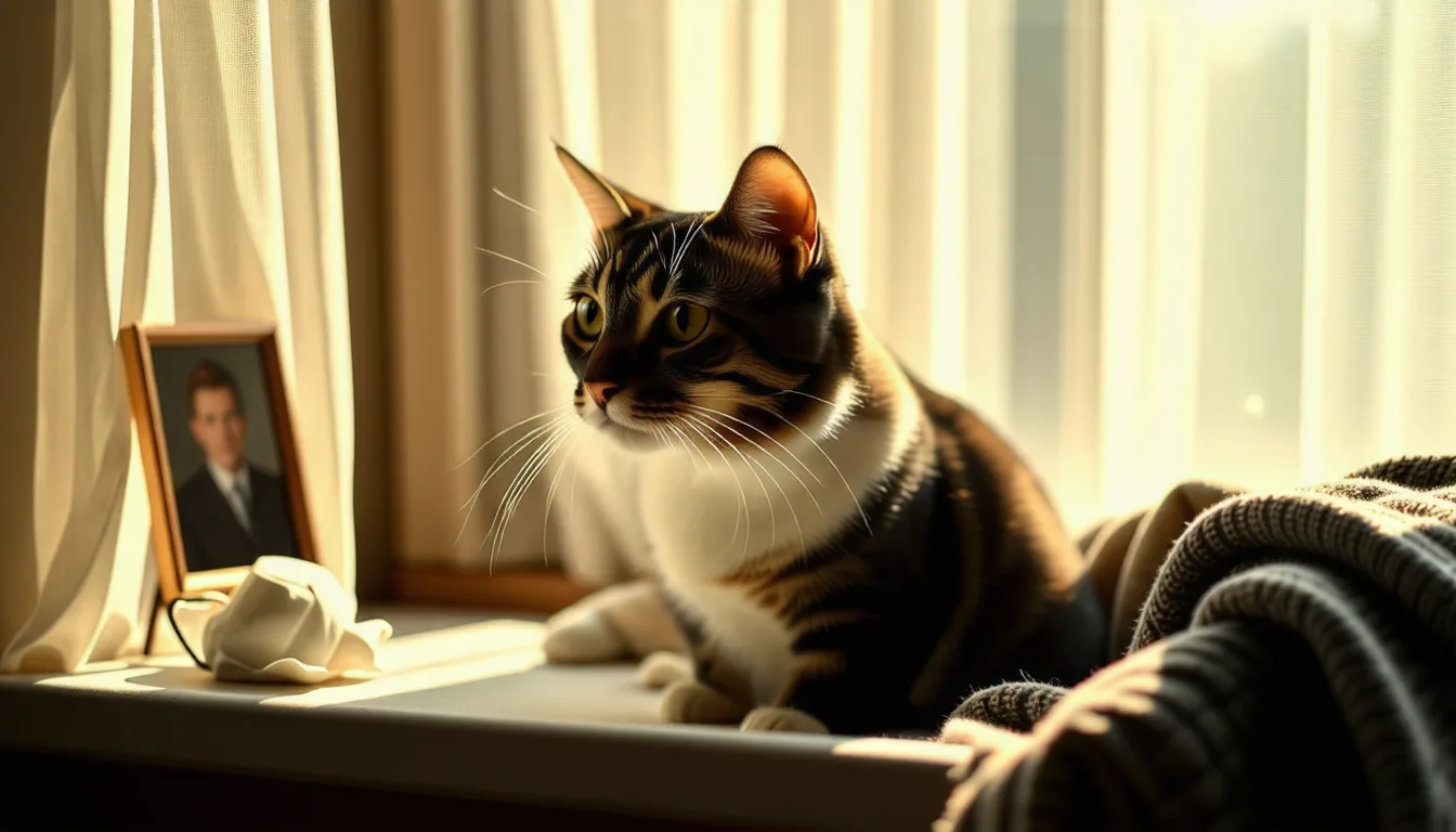 Chat assis près d'une fenêtre, regard tourné vers l'extérieur, dans une pièce vide