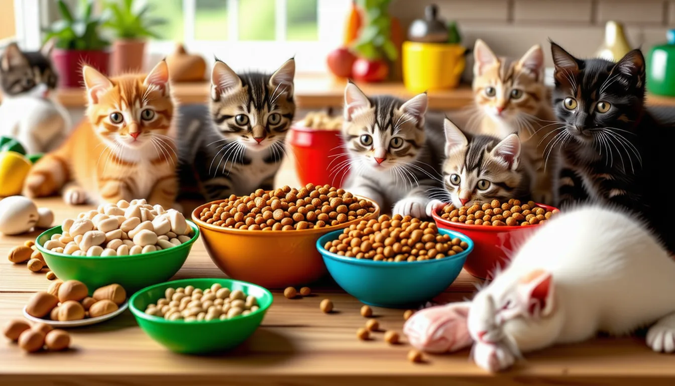 Chaton tigré assis devant une gamelle de croquettes sur un sol clair
