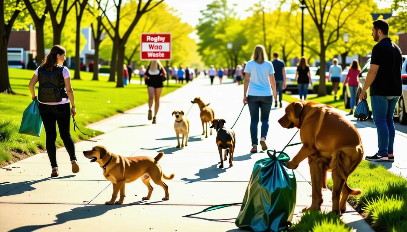 Promeneur ramassant une déjection de son chien sur un trottoir avec un sac