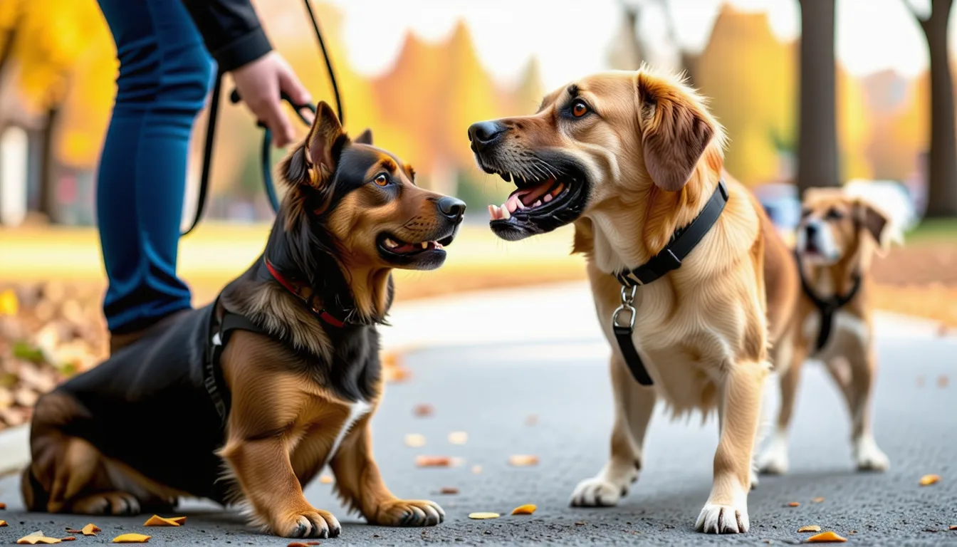 Chien de grande taille grognant babines retroussées sur un chemin extérieur