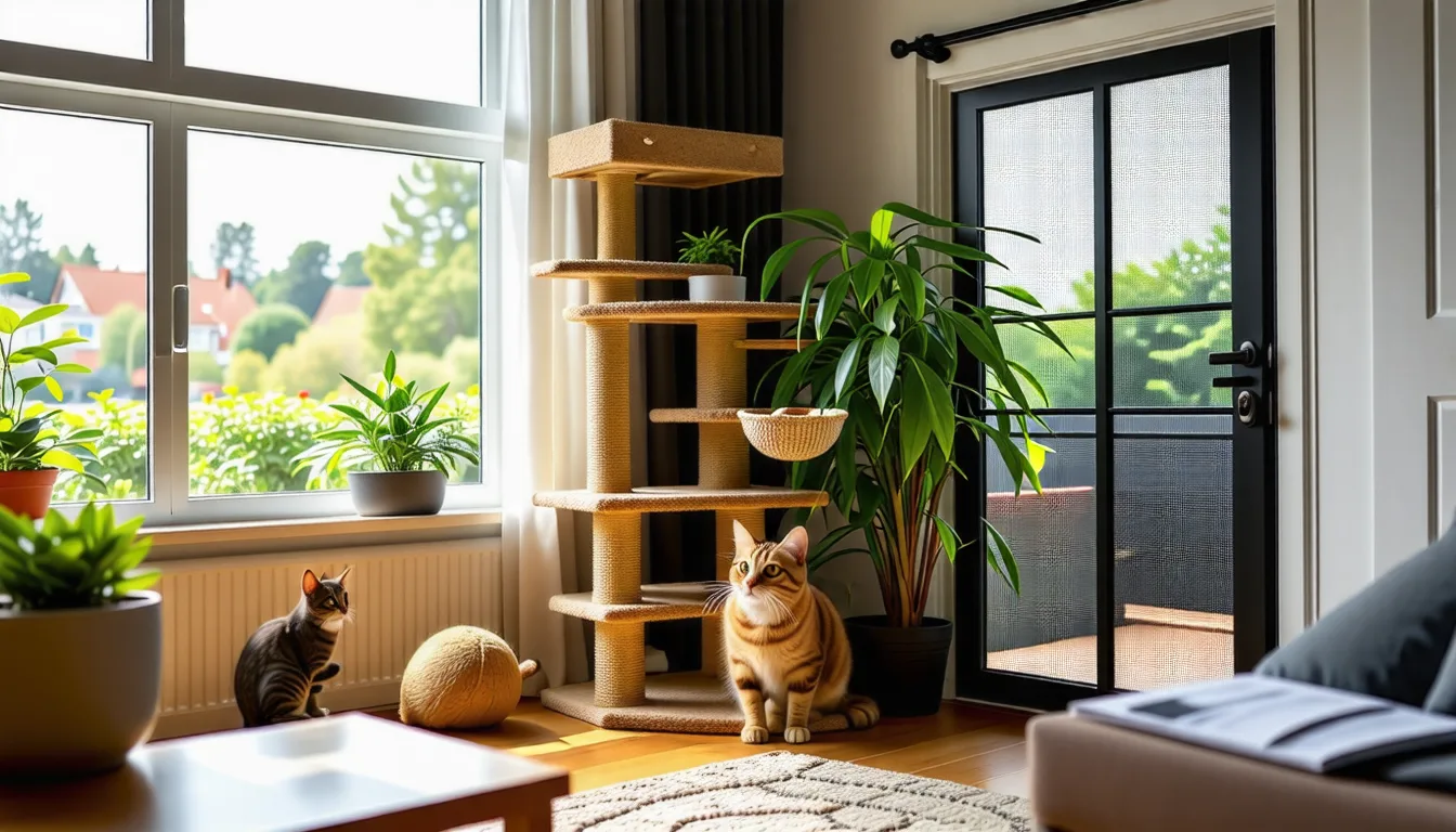 Chat roux assis sur le rebord d'une fenêtre entrouverte, regardant vers le jardin