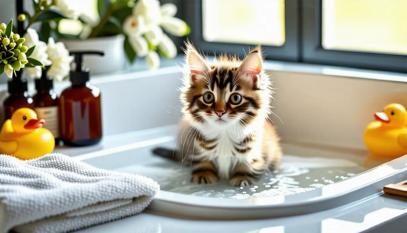 Chaton tigré enveloppé dans une serviette après un bain