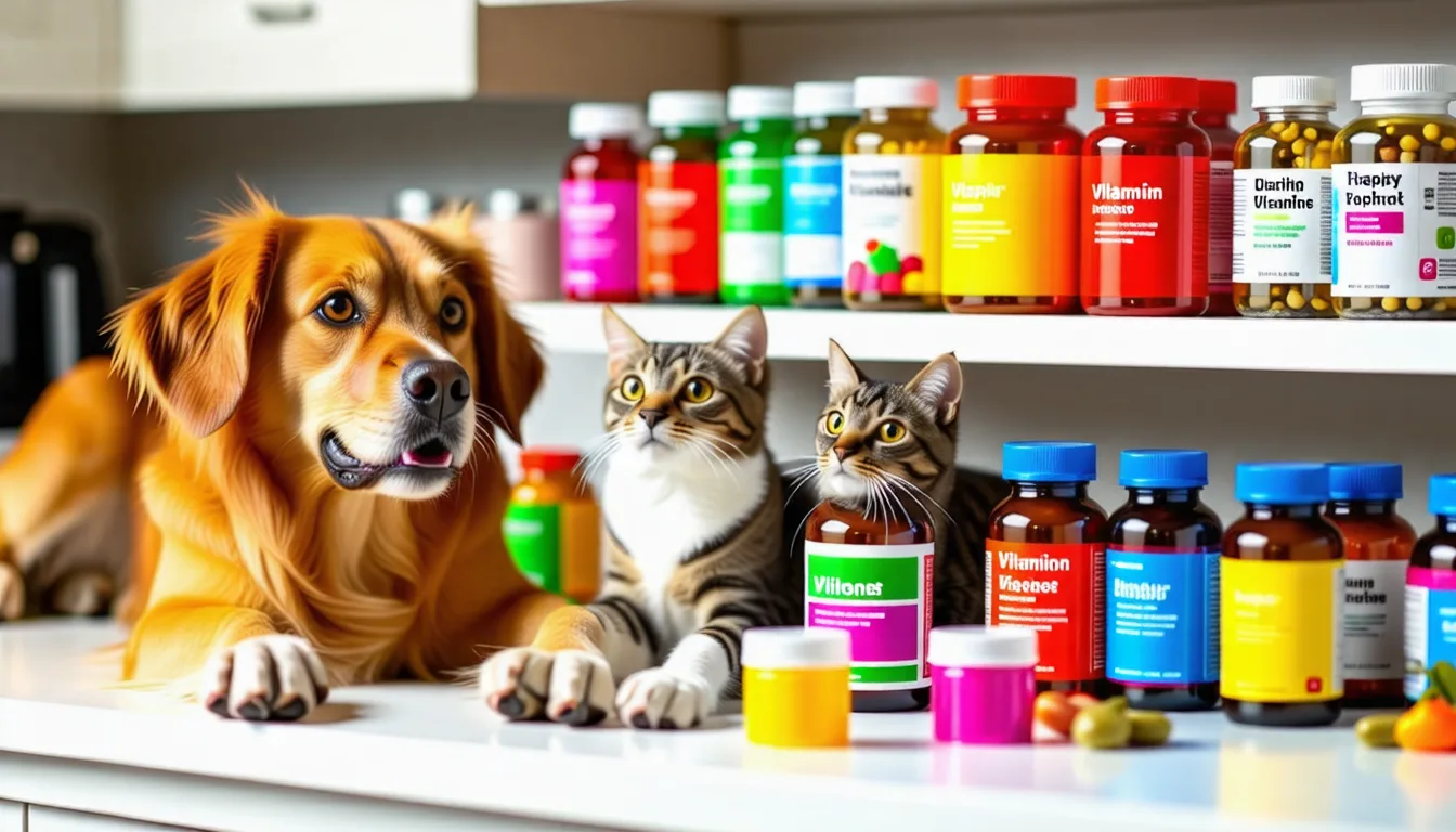 Chien et chat attablés devant des gamelles et des flacons de compléments alimentaires