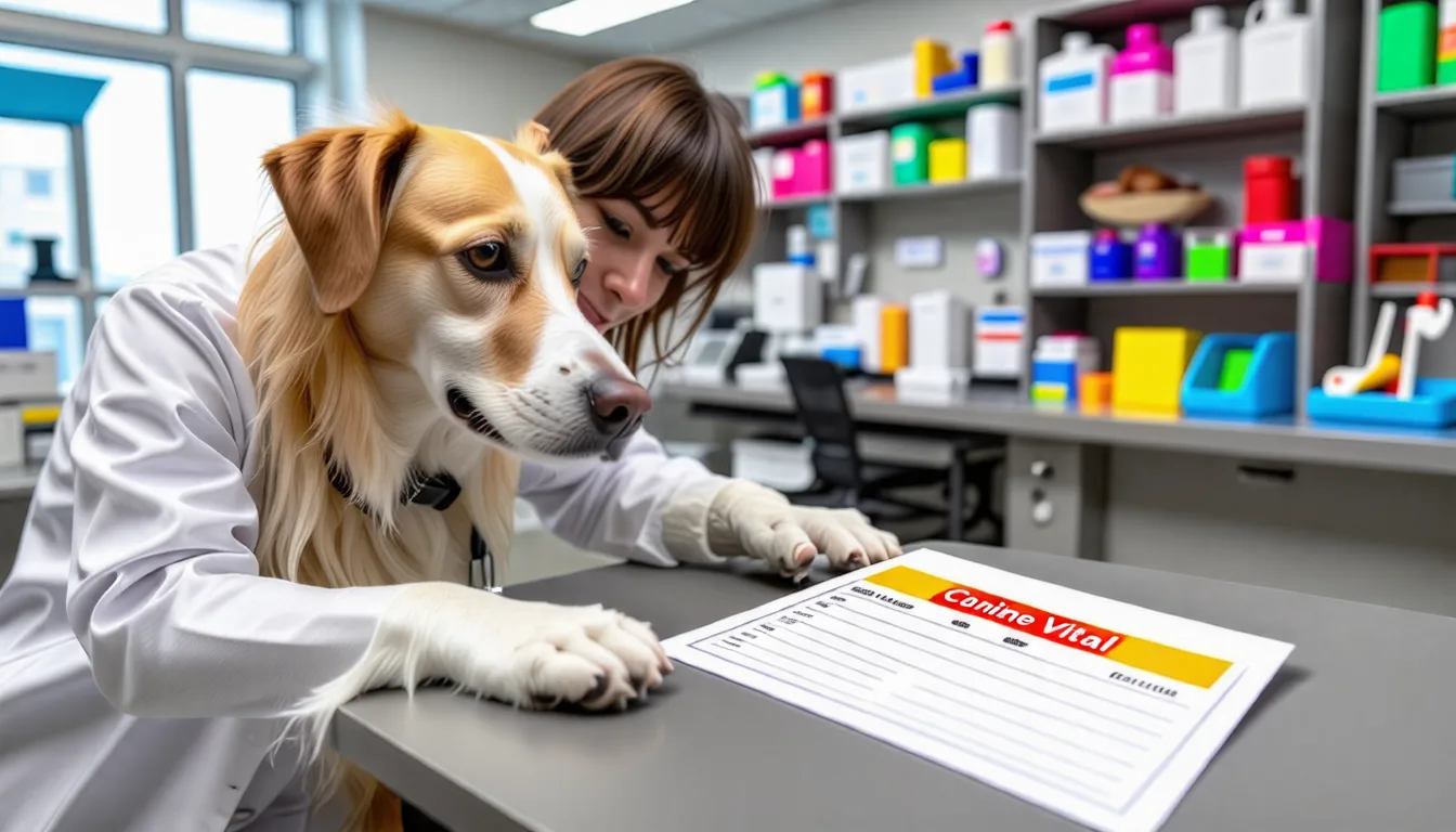 Un chien attend sur la table d'examen d'un cabinet vétérinaire