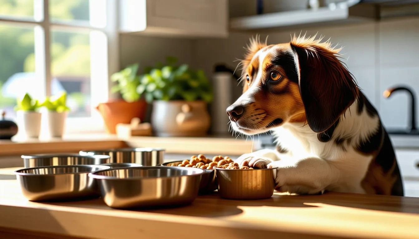Deux gamelles en inox posées au sol devant un chien qui mange
