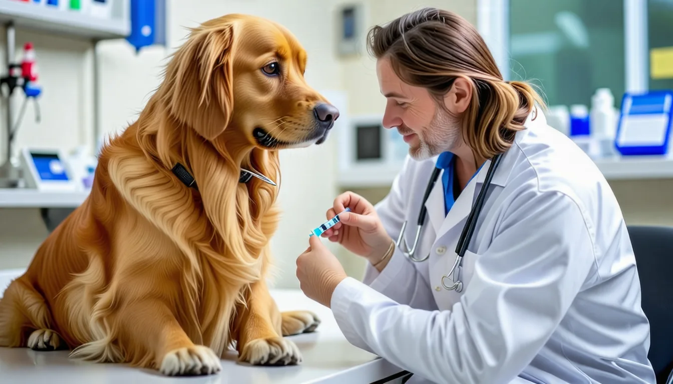 Vétérinaire préparant une injection à un chien âgé allongé sur la table d'examen